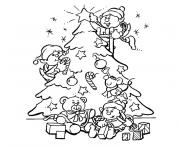 Coloriage lutins decorent sapin de noel