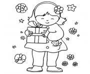 Coloriage petite fille cadeau fleurs