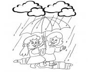 Coloriage petites filles heureuses sous la pluie