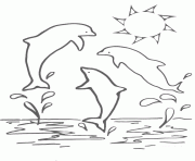 Coloriage trois dauphins et un soleil