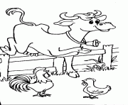 Coloriage vache avec un coq et une poule