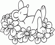 Coloriage souris allongee sur des fleurs