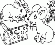 Coloriage duex souris et un morceau de fromage