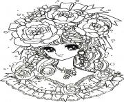 Coloriage adult back to childhood manga girl flowers