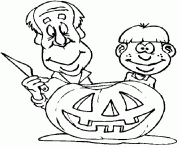 Coloriage un pere et son fils preparent la citrouille d halloween