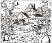 Coloriage halloween adulte maison citrouilles