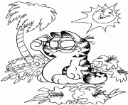 Coloriage Garfield sous un palmier avec le soleil