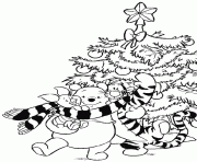 Coloriage Winnie Tigrou et Porcinet devant le sapin de noel