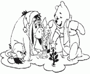 Coloriage Bouriquet,Porcinet et Winnie devant un tout petit sapin