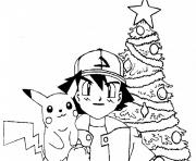 Coloriage pikachu et sacha celebrent noel