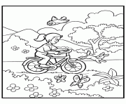 Coloriage printemps petite fille sur son velo