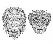 Coloriage adulte tetes singe lion