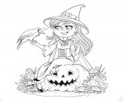 Coloriage halloween gentille sorciere et son corbeau sur une citrouille hd