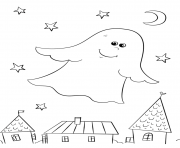 Coloriage fantome halloween se promene par dessus les maisons