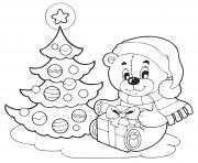 Coloriage sapin de noel et nounours avec un cadeau de noel