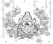 Coloriage adulte noel chouette hibou paysage