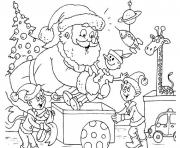 Coloriage pere noel et ses lutins avec des cadeaux