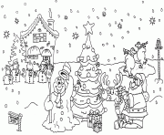 Coloriage noel paysage bonhomme de neige sapin maison reine