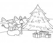 Coloriage bonhomme de neige avec un sapin et des cadeaux de noel