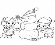 Coloriage les enfants construisent un bonhomme de neige