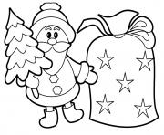 Coloriage pere noel avec un sapin et sac de cadeaux