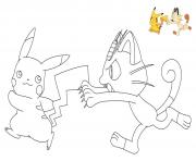 Coloriage Miaouss court apres Pikachu