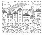 Coloriage paysage ville nature et arc en ciel