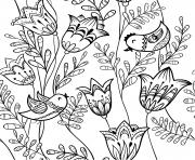 Coloriage fleurs exotiques avec des oiseaux