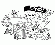 Coloriage fille pirate ouvre un tresor