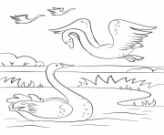 Coloriage automne scene with swans fall