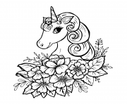 Coloriage belle licorne avec fleurs