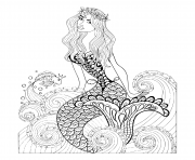 Coloriage fantastique sirene vagues de mer avec un poisson rouge et couronne sur la tete