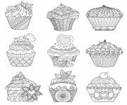 Coloriage neuf assortiment cupcakes originaux pour adulte