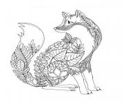 Coloriage renard en forme de feuilles et vegetations foret adulte animaux