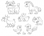 Coloriage cartoon ferme animaux cheval vache chevre lapin chien poule coq et poussin