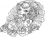 Coloriage adulte femme squelette enterre gothique