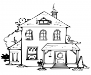 Coloriage maison hantee halloween avec fantomes citrouille chat