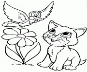 Coloriage chat ami avec un oiseau