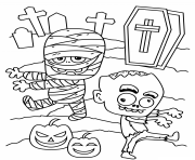 Coloriage halloween zombie citrouille au cimetiere