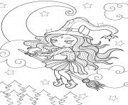 Coloriage jolie sorciere simple pres de la lune