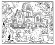 Coloriage maison hantee avec des citrouilles epeurantes