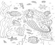 Coloriage adulte sirene et poissons