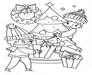 Coloriage les enfants autour du sapin de noel avec des cadeaux