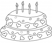 Coloriage gateau anniversaire avec 4 chandelles et des coeurs