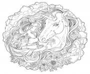 Coloriage mandala difficile fille et licorne realiste