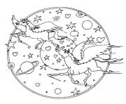 Coloriage mandala licorne univers pres des etoiles et planetes