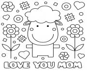 Coloriage fete des meres sheep fleurs coeurs love you maman