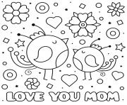 Coloriage fete des meres love you maman baby birds coeurs fleurs