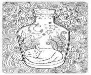 Coloriage bouteille avec renard dormi dessin animal et foret motif