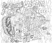 Coloriage paysage rural lac vegetations animaux maison